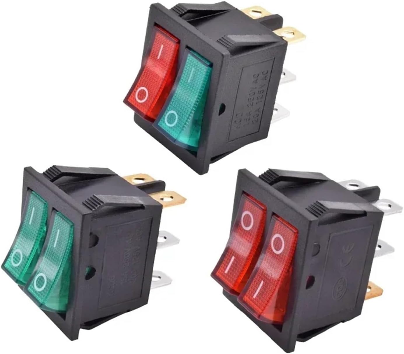 Power switch, Rocker Switch, KCD6 Illuminated Dual Button 6 Pin 12V 220V Red Green On Off 16A 250V(Green,1PC-12V)