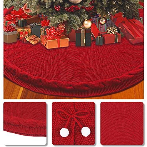 Aitsite Christmas Tree Skirt 48 Inch Rustic Knitted Xmas Tree Skirt for Christmas Decorations Indoor Outdoor (Red)
