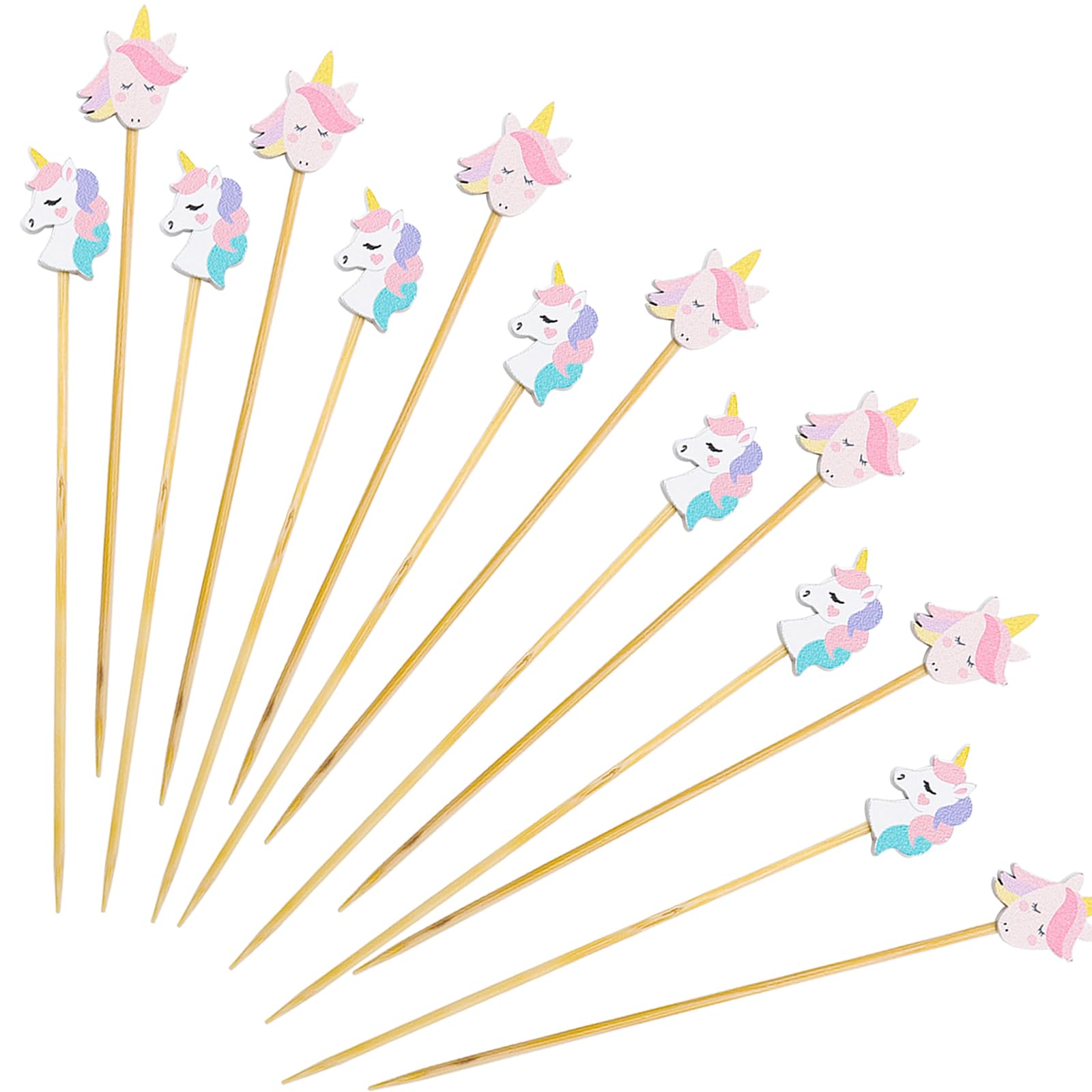 Catelves Spiedini per bambini, 100 spiedini da cocktail, stuzzicadenti, in legno, 13 cm, unicorno, spiedini di frutta per cocktail, decorazione per cupcake, spiedini estivi