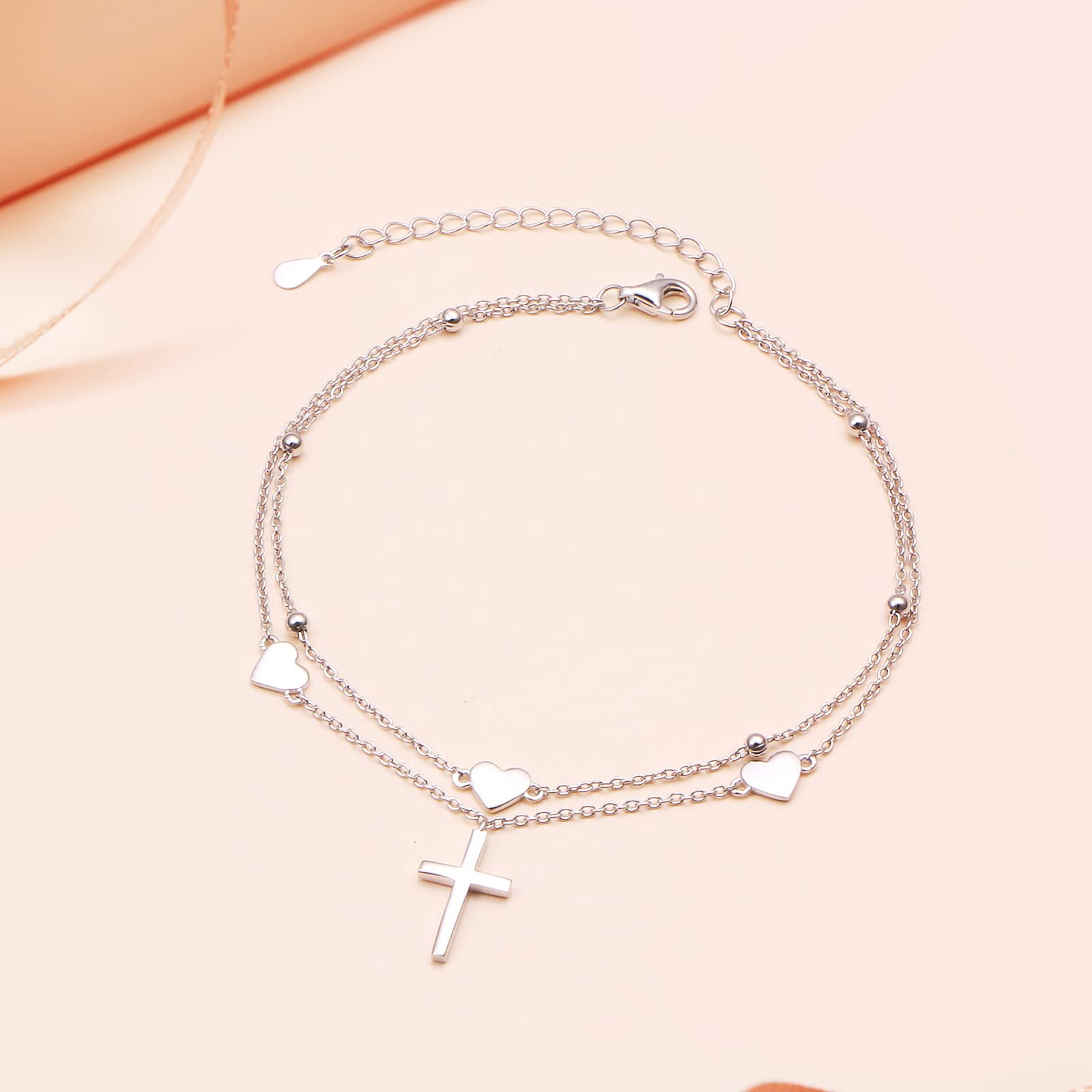 Tobilleras para mujer, de plata de ley 925, pulsera de tobillo con corazón, infinito, cruz, mariposa, tobillera ajustable de doble capa con cuentas, regalo para mujeres, adolescentes y niñas, 8