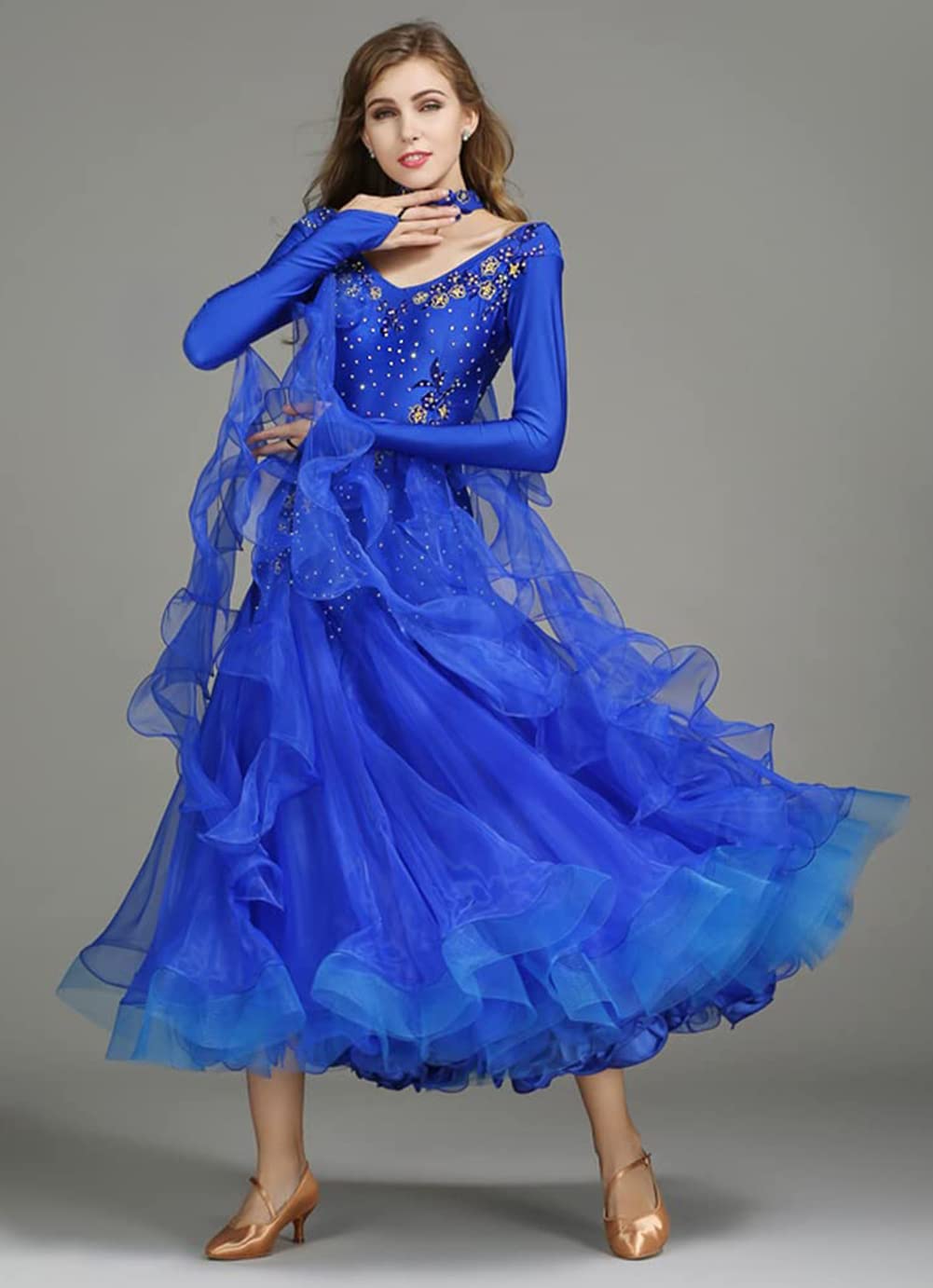 Damskie sukienki tańca towarzyskiego, wykwintne hafty diamentowe Foxtrot Waltz konkursowa sukienka, taniec nowoczesny z długim rękawem Prom Performance Dance Dress