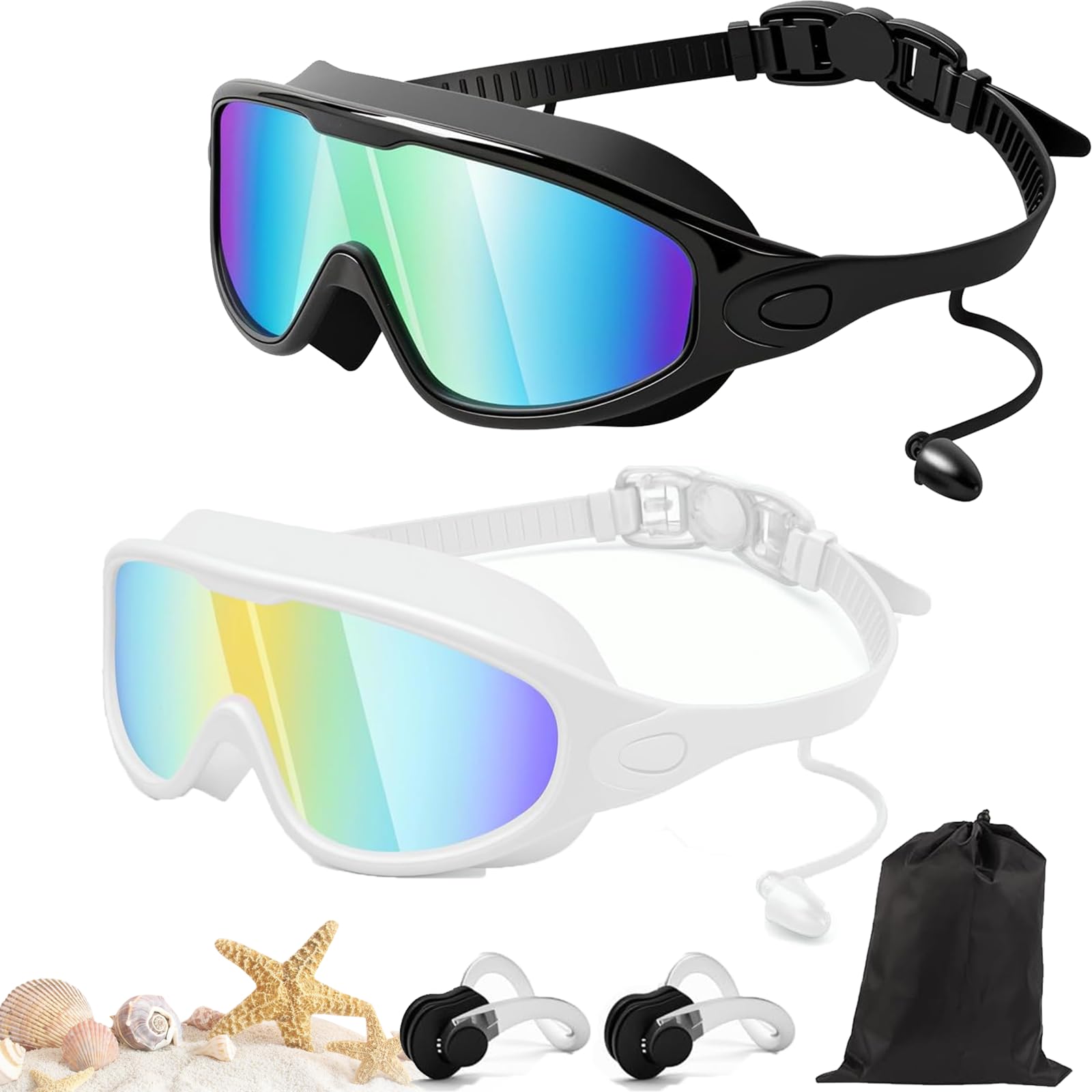 Qosneoun Splashy Eyes Goggles, Goggles with Ear Plugs, No Leaking Swim Glasses for Adult, Kids, HD Large Frame Waterproof Anti-Fog Swimming Goggles (K,Adults)