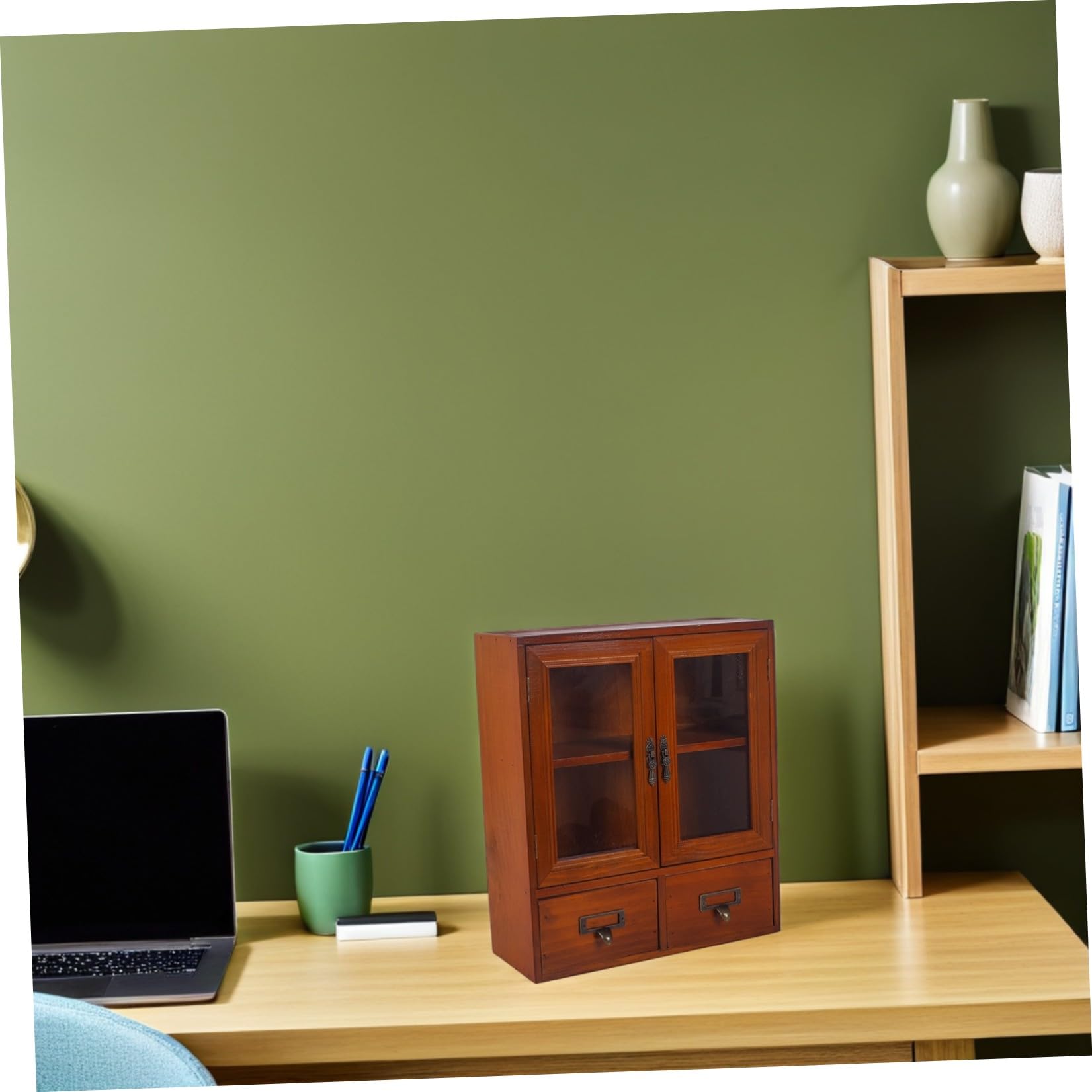 Holzschrank mit Glastüren und 2 Schubladen, Vintage Apothekerregal zur Küchenorganisation und Stauraumgestaltung
