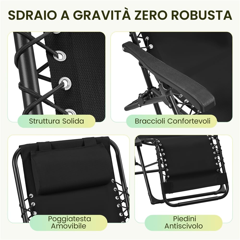 Yaheetech Sedie a Sdraio Pieghevoli a Gravità Zero con Vassoio Rimovibile Poltrona Relax per Piscina Giardino Esterno Spiaggia Nero