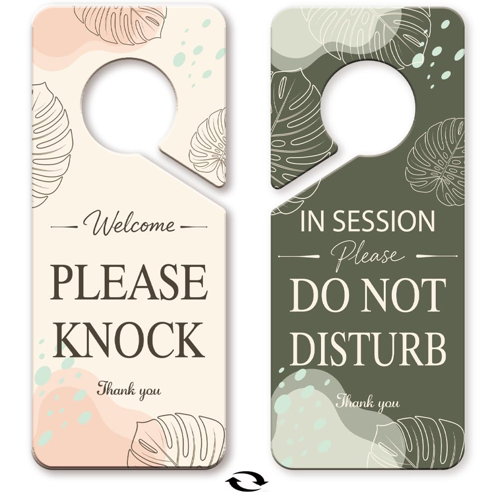 PRESSINART 2Pcs Do Not Disturb Door Hanger 9 x 4 Inch Welcome Please Knock Door Sign Leaf Design PVC Double Sided Notice Plaque for Office Home Bathroom Session Meeting Clinic Treatment Decoration