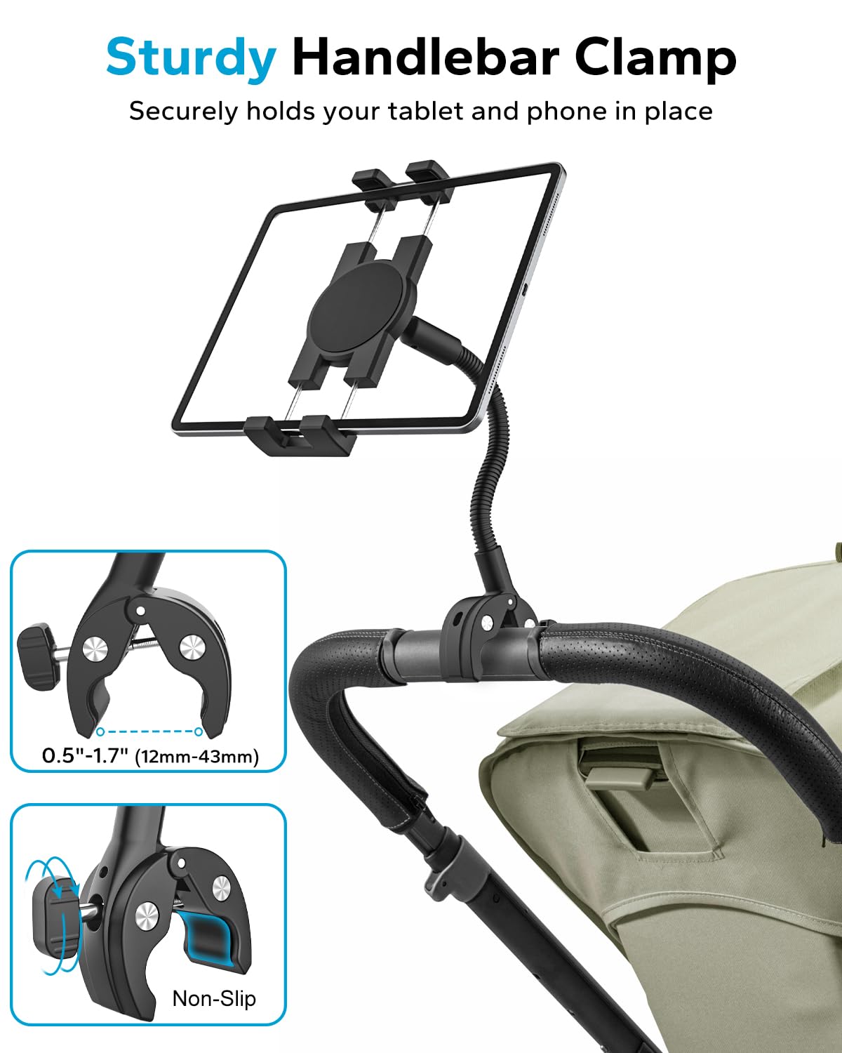 GDZN Supporto Tablet Collo dOca per Sedia a rotelle, Passeggino, Cyclette, Spin Bike, Tapis roulant, Barca, Bicicletta Manubrio per iPad Pro 12.9, Mini Air, Galaxy Tab, Lenovo 4.7-13" Tablet Cellulare