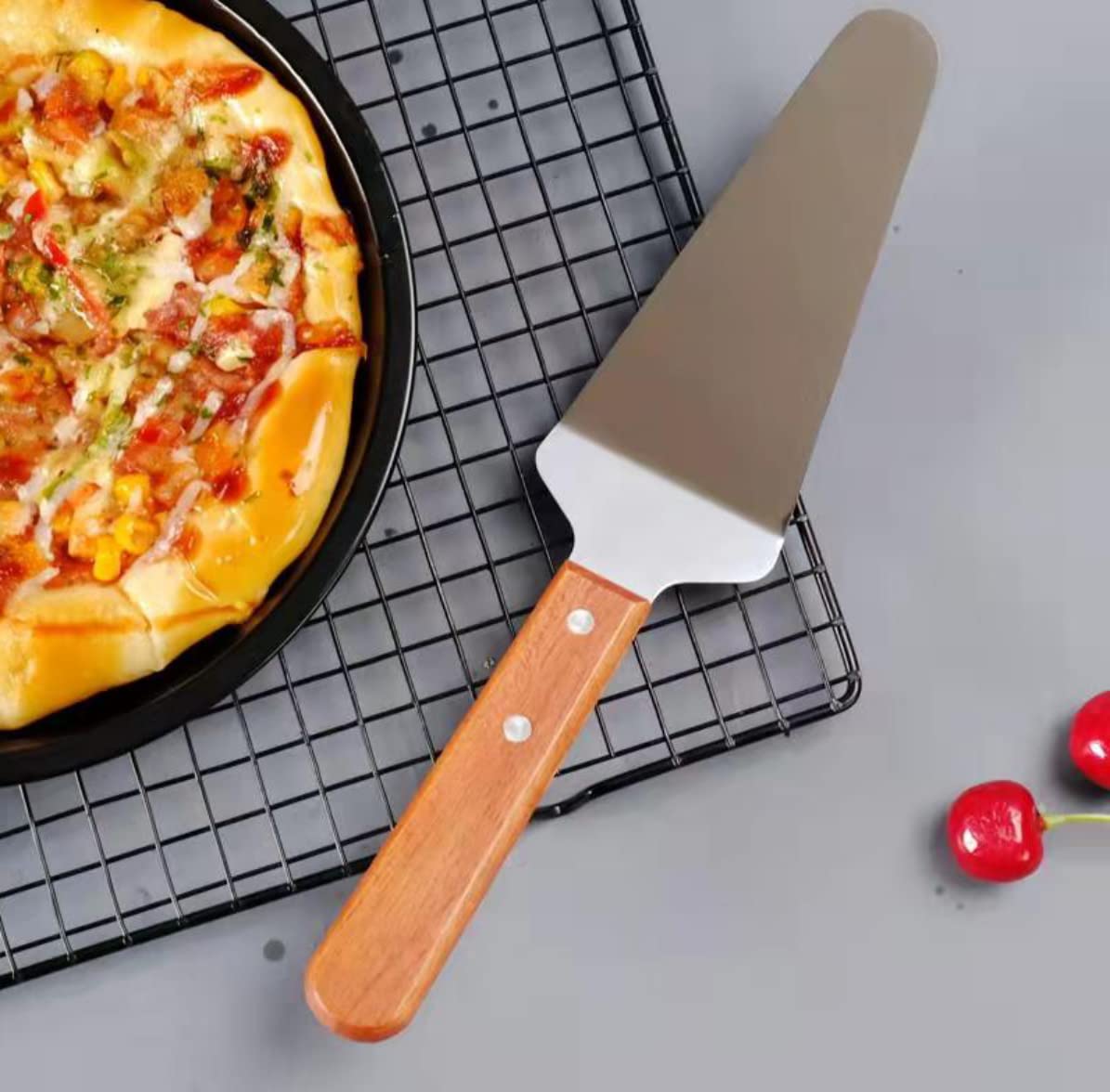 10 paquetes de espátulas para servir pizza, con mango de madera, de acero inoxidable, aptas para pizza, espátulas para tartas, cuchillos y tartas