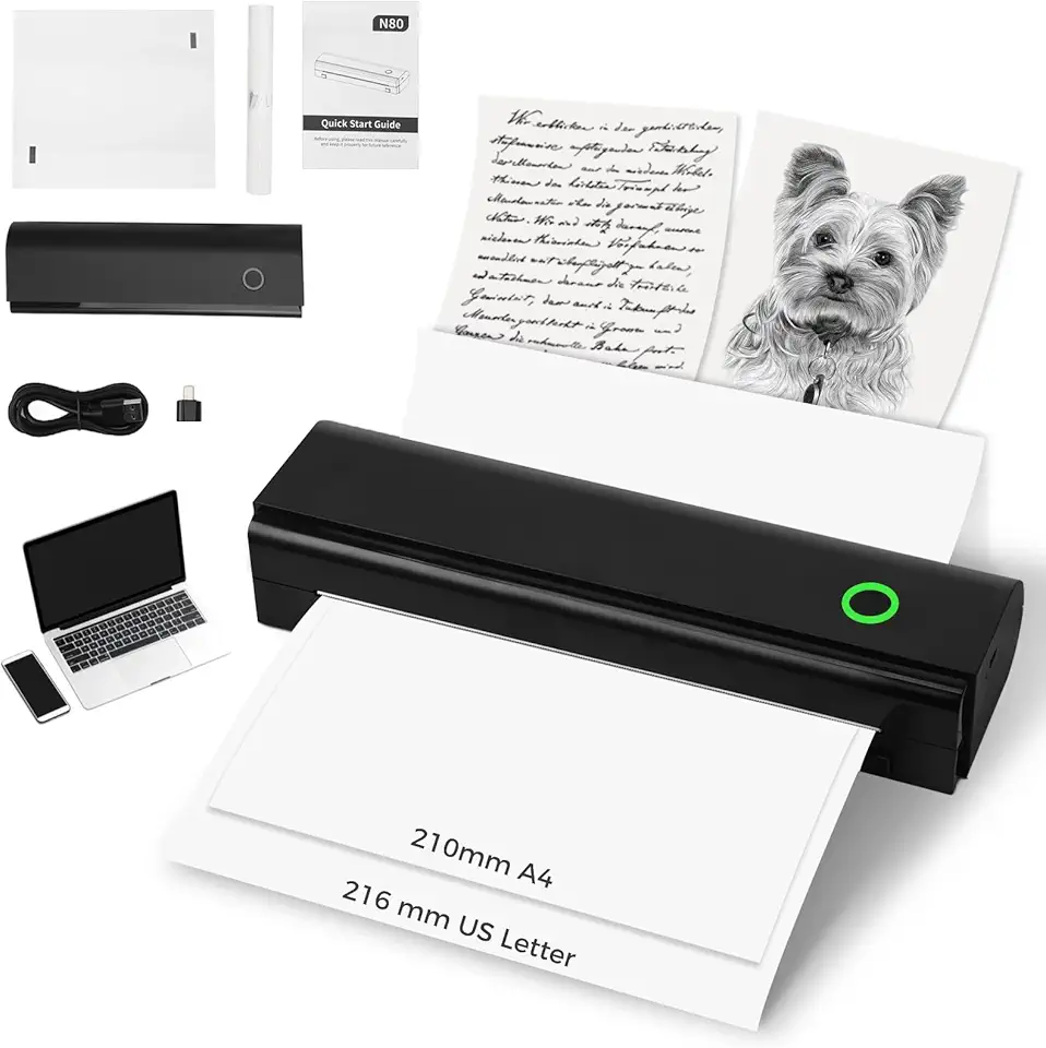 OMISTAR Impressora térmica portátil para viagens, impressora inteligente sem tinta 28 x 8,4 x 5 cm, conexão para smartphone, tablet, laptop, PC, suporta letras A4 e EUA, pequena impressora móvel para