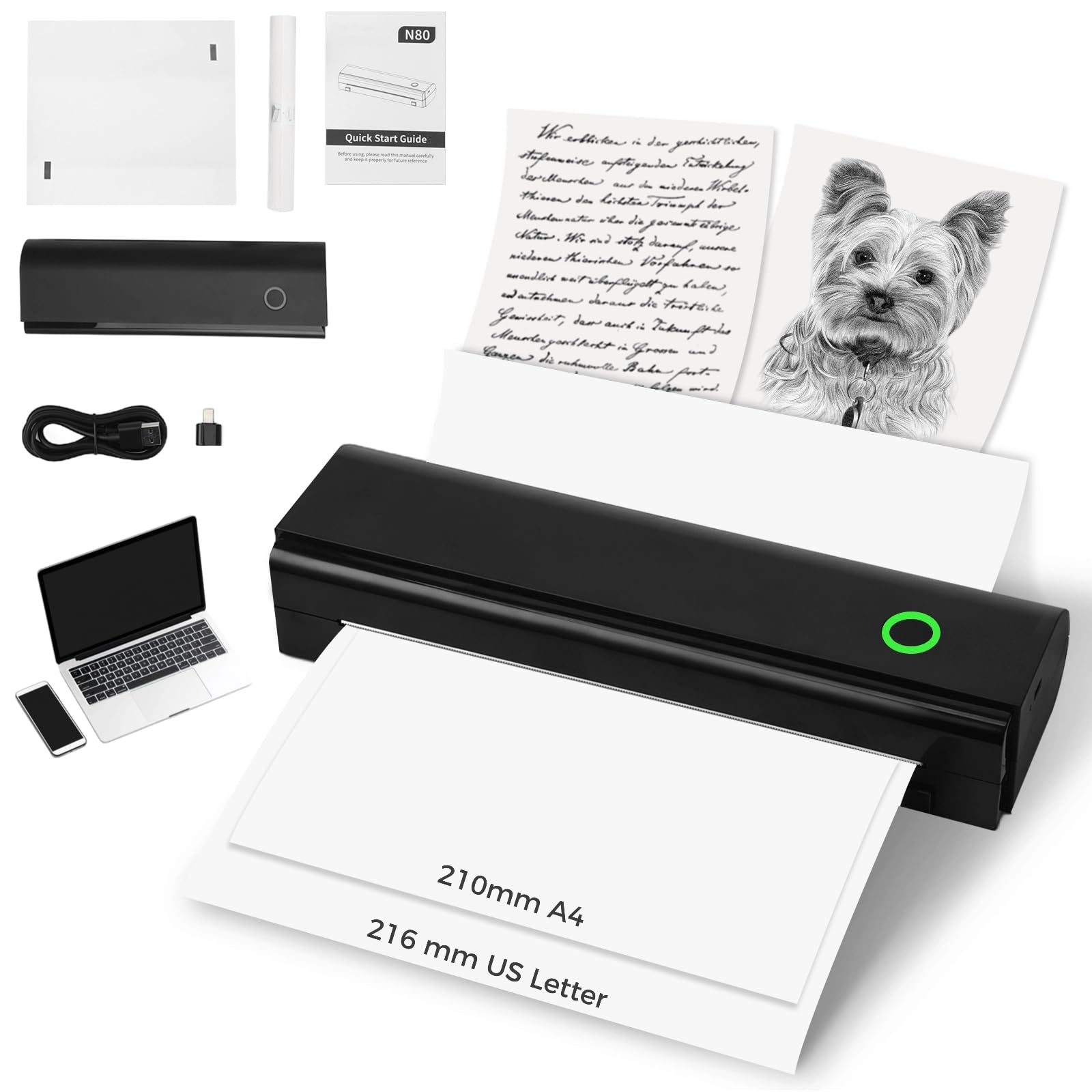 Przenośna drukarka termiczna do podróży, inteligentna drukarka bezatramentowa, 28 x 8,4 x 5 cm, połączenie smartfona, tabletu, laptopa, komputera, obsługuje format A4 i litery US, mała drukarka