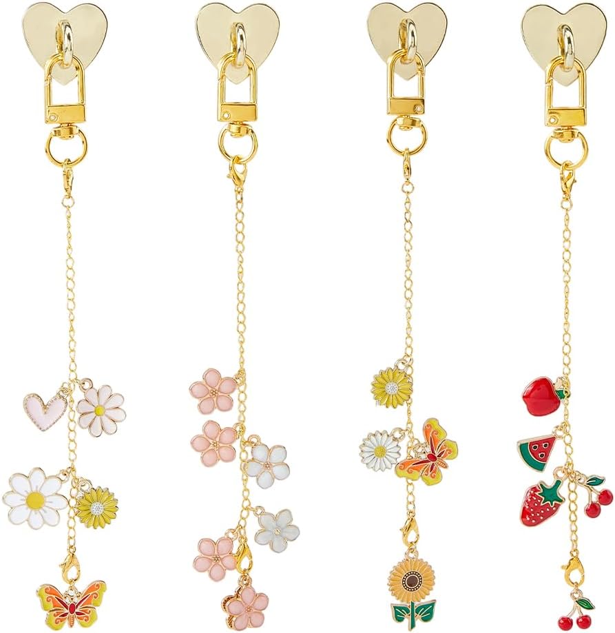 SUPERFINDINGS 4 Styles Cute E-reader Phone Charms Adhesive Metal Phone Finger Grip Hook with Decorative Charms Flower Fruit Butterfly Mobil Charm Chains for Mobil Phones E-Reader Accessories