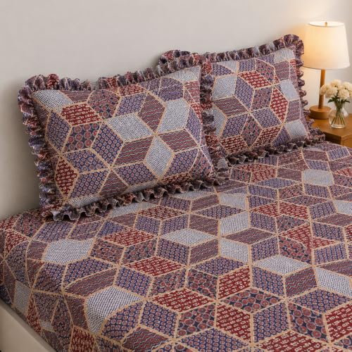 Image of King Size Fitted Bedsheet for Double Bed | 300 TC Cotton Feel Microfiber | All Around Elastic with 2 Frill Pillow Covers | Soft & Durable | (Design8, Fitted - Double72x72)