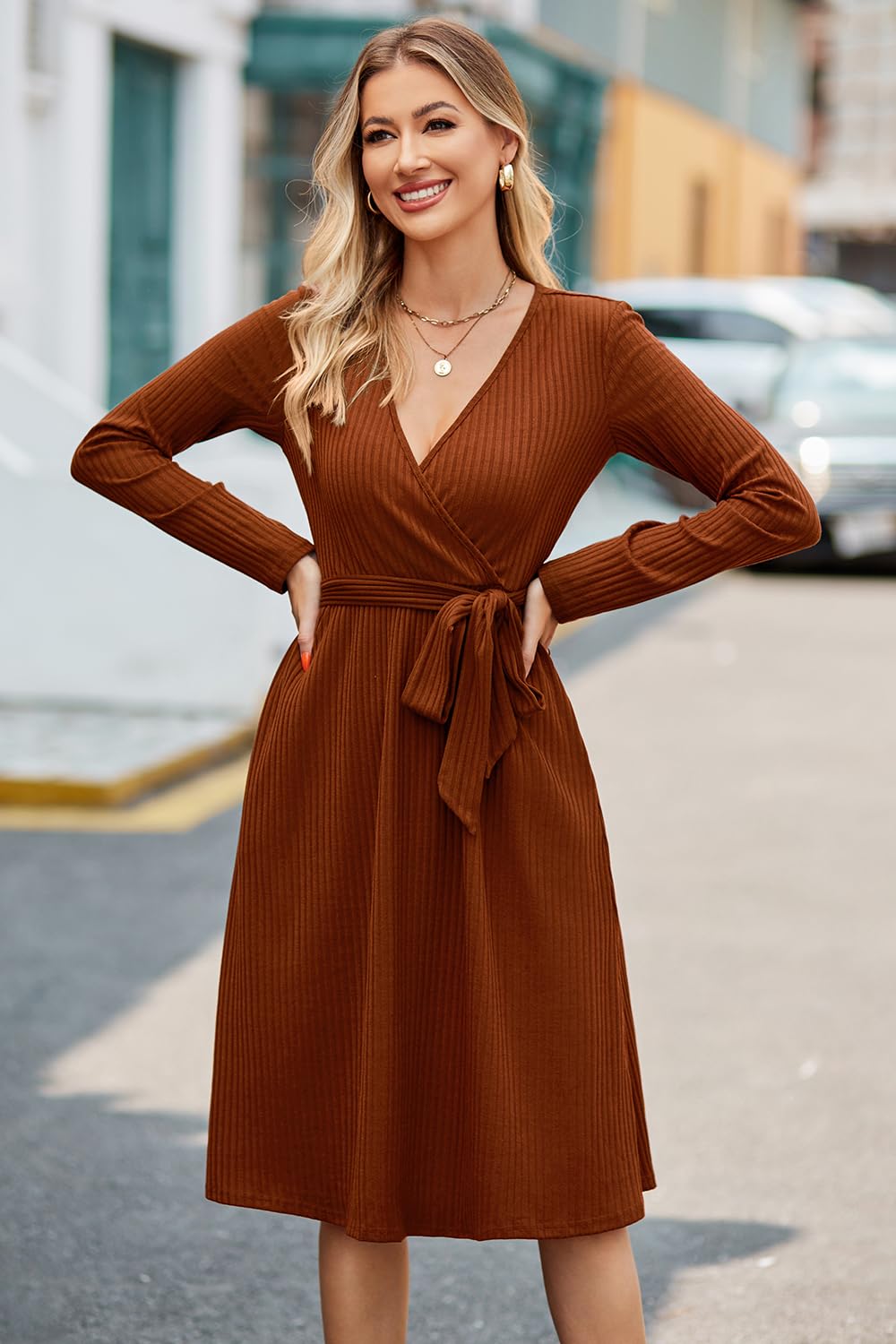 Newshows Jumper Vestido para Mujeres Manga Larga Cuello en V Señoras de Punto Elegante Suéter Vestido de Fiesta con Bolsillos