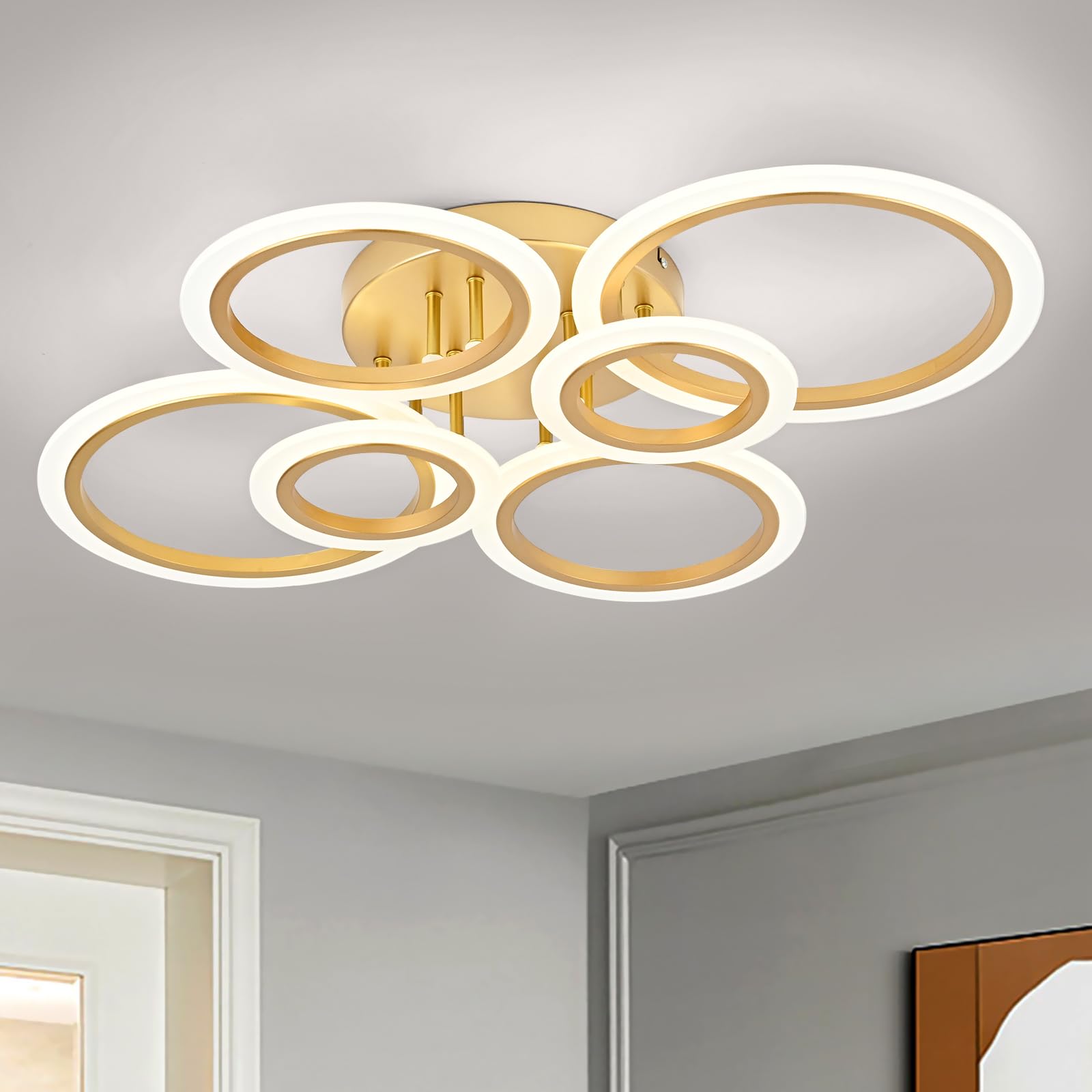 Modern LED Flush Mount Ceiling Light, 6 Rings Gold Close to Ceiling Light Fixtures, Living Room Lighting Fixture Ceiling Lamp for Kitchen, Bedroom, Laundry Room, 4000K Not Dimmable