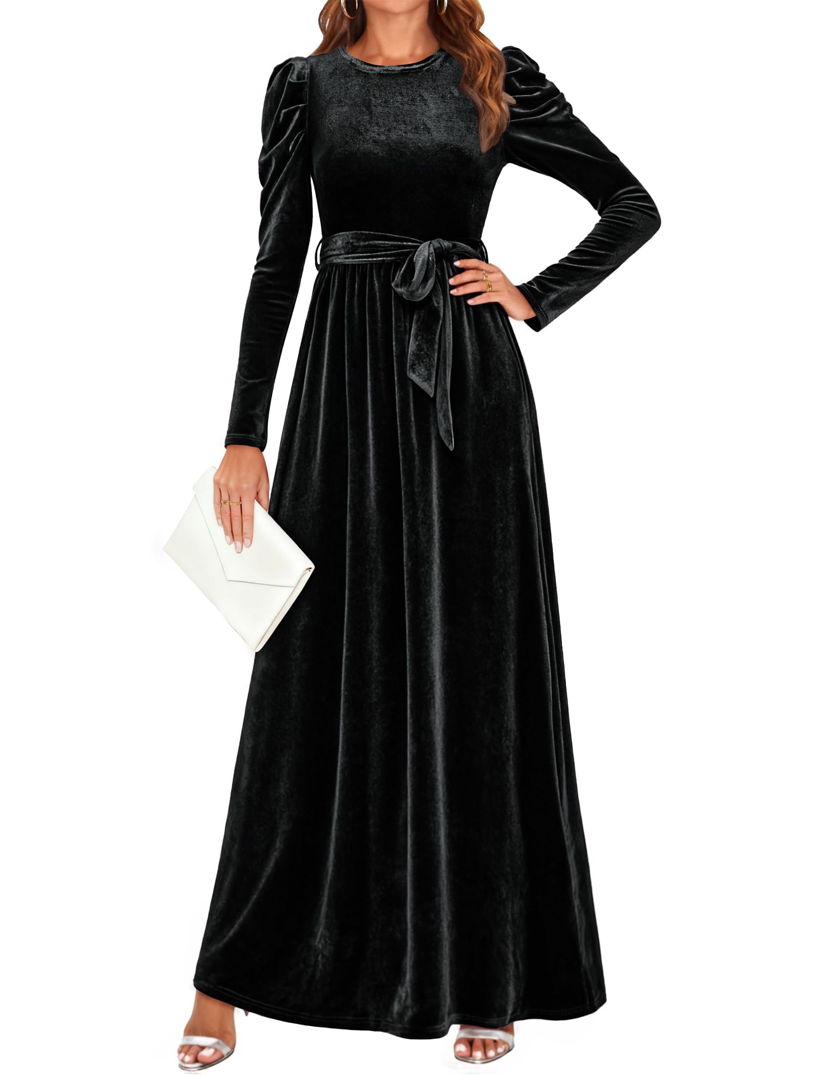 ZESICA Womens Velvet Maxi Dress Fall 2026 Long Puff Sleeve Crew Neck Elastic High Waist Cocktail Party Bridesmaid