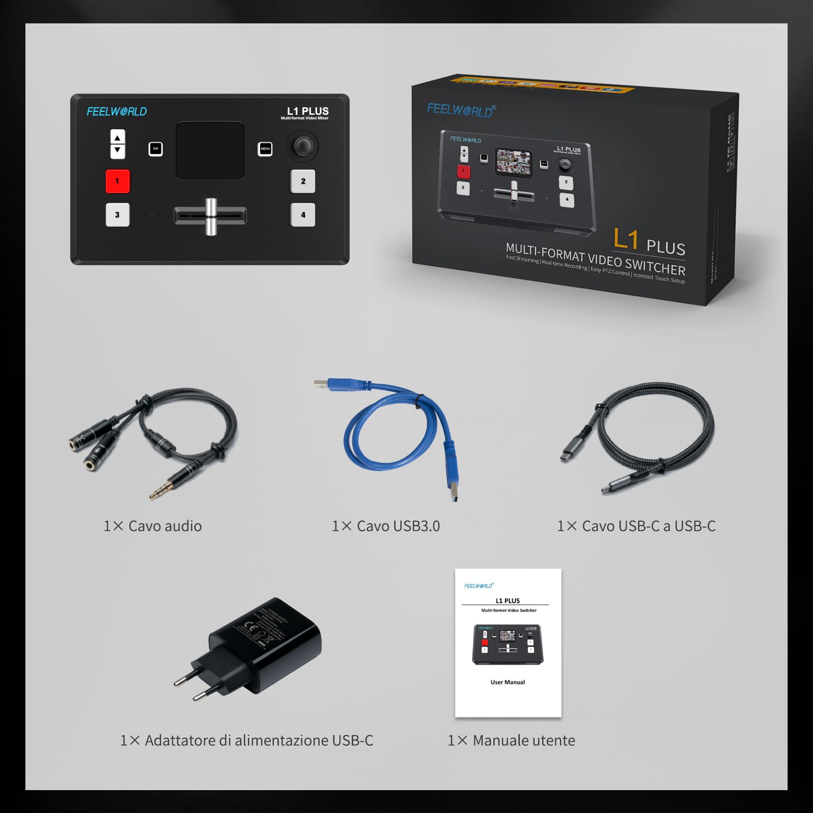 Feelworld L1PLUS Multi Camera Video Mixer Switcher with PTZ Controller HDMI USB3.0 2" Touch Screen