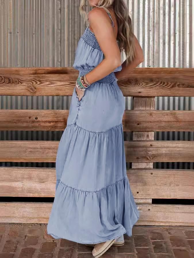 utcoco Women's Summer Beach Boho Smocked Sleeveless Denim Dress Tiered Ruffle A-Line Swing Spaghetti Strap Sundress3