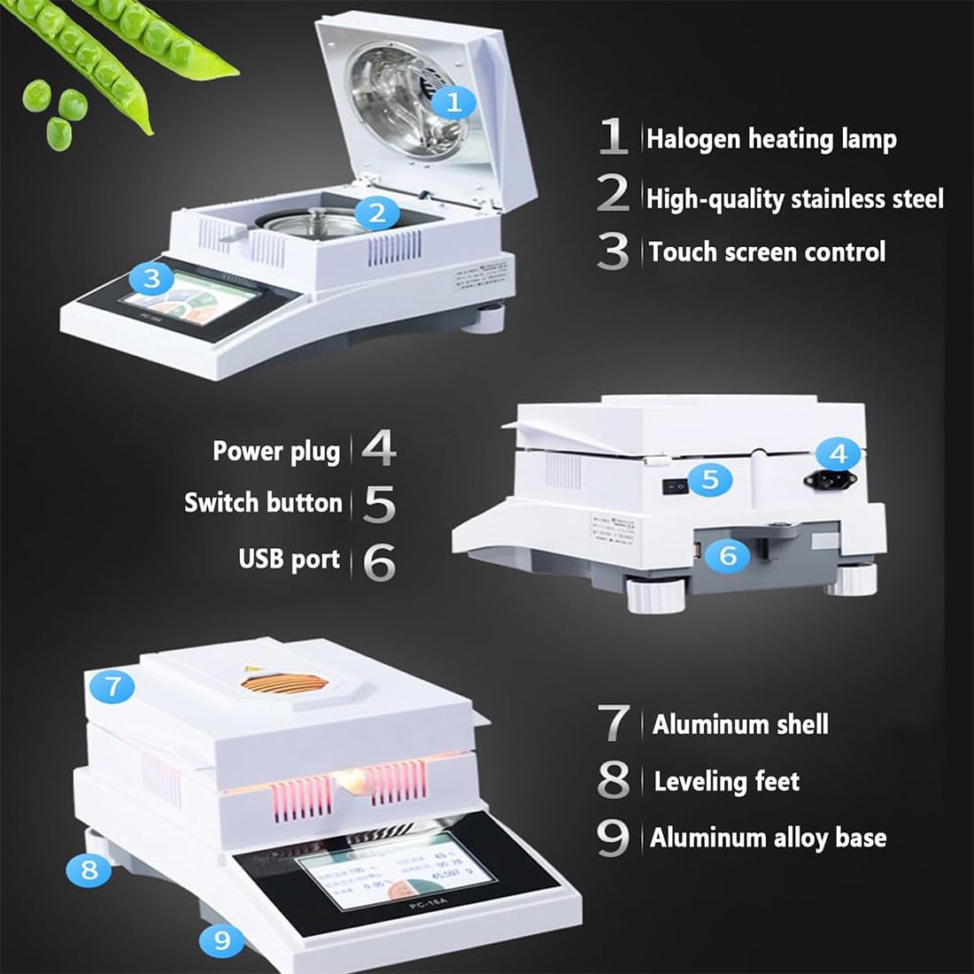 Analizator wilgoci do laboratorium, pojemność 50 g/100 g, odczyt 1 mg-5 mg, zakres suszenia 60-160°C, zawiera 10 naczyń, RS232 do testowania żywności, ziarna i chemikaliów