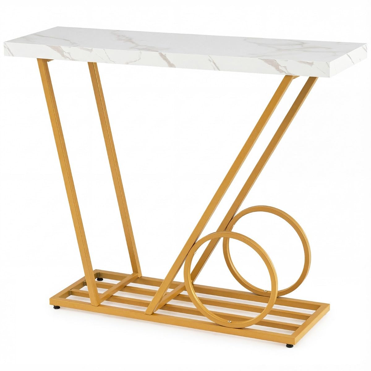 Helloshop26 - Mesa de consola moderna (100 x 29,5 x 81 cm, diseño de carro con bandeja de mármol sintético, acabado dorado en MDF blanco 20_0020136)