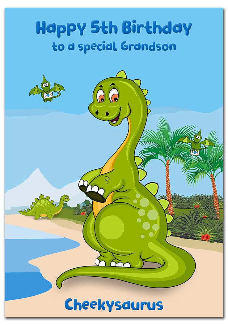 Extra Large Grandson 5th Birthday Card - 5 year old - XL Big A5 thick size - Age Five greeting - Cute Dinosaur Funny Cheekysaurus Cool Dino - Huge Happy Wishes - UK Eco-Friendly