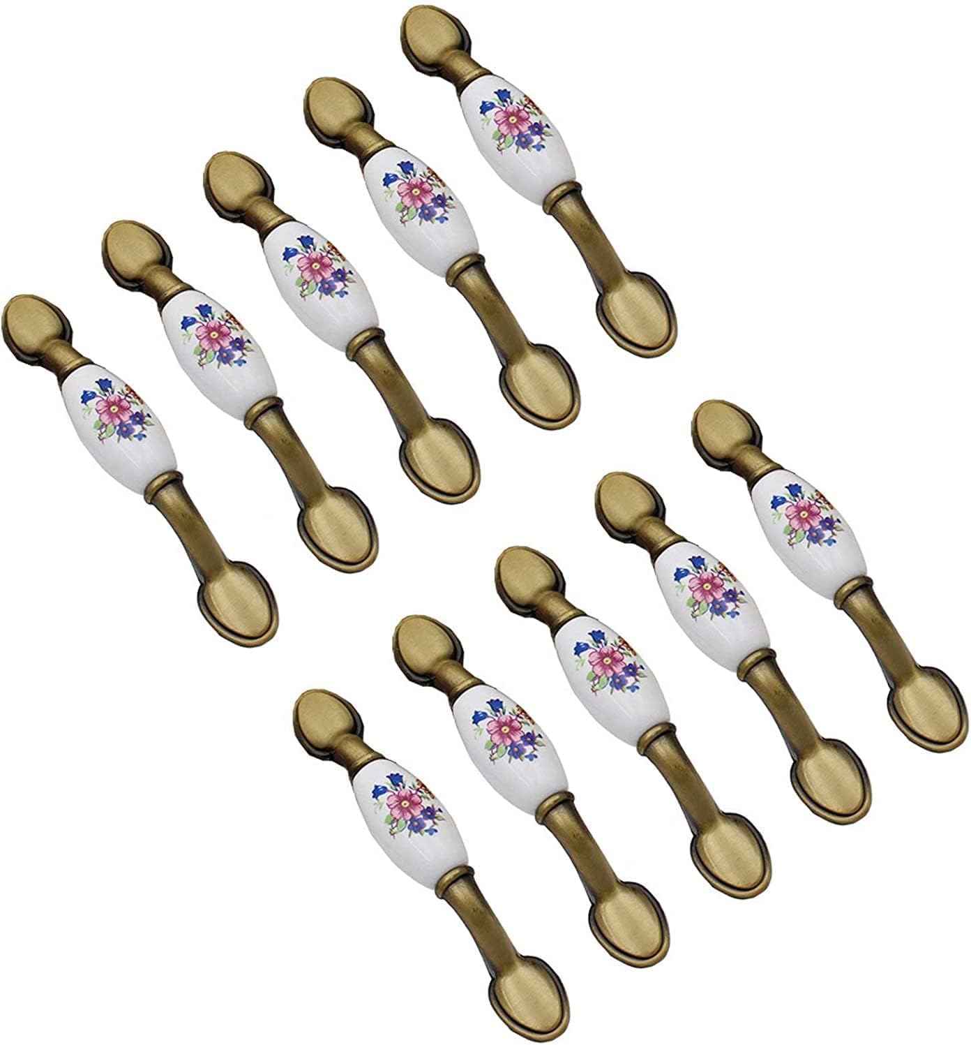 YATUOPNG Knob Handle,Set of 10 Classic Blue and Pink Flower Bronze Antique Ceramic Knobs - Hand-Painted Door Handmade Kitchen Cupboard & Drawer(Chole Distance 76mm)