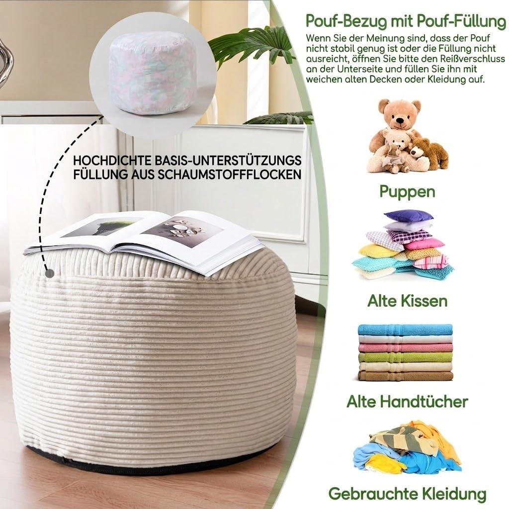 HIGOGOGO Stilvoller Fußhocker 50 cm, Cord-Pouf, 2-in-1 für Wohnzimmer, Beige