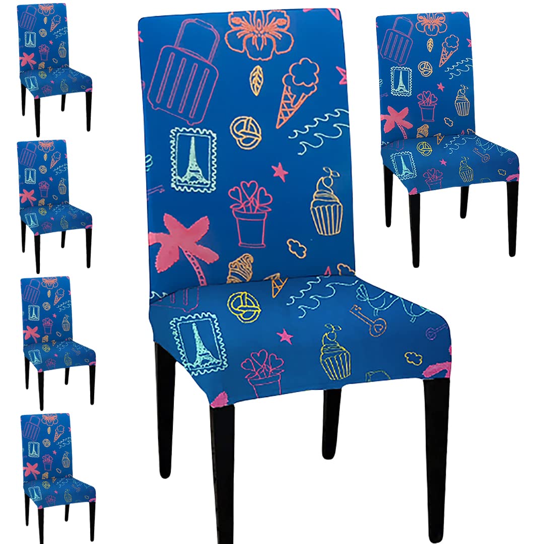 HOTKEI Pack of 6 Blue Printed Dining Table Chair Cover Stretchable
