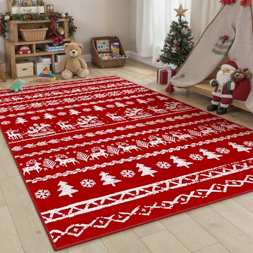 Christmas Area Rug 3x5 Red Office Washable Carpet Xmas Snowflake Holiday Decor Doormat Entryway Soft Low Pile Non Slip Indoor Throw Rug Kitchen Living