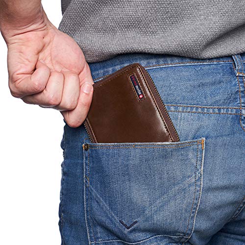 Image of Alpine Swiss Logan Mens Bifold Wallet All-Around Zipper Closure RFID Safe | Tested RFID Protection Genuine Full Grain Cow Hide 13 Card Slots Divided 2 Bill Sections Zips All Around Comes in Gift Box
