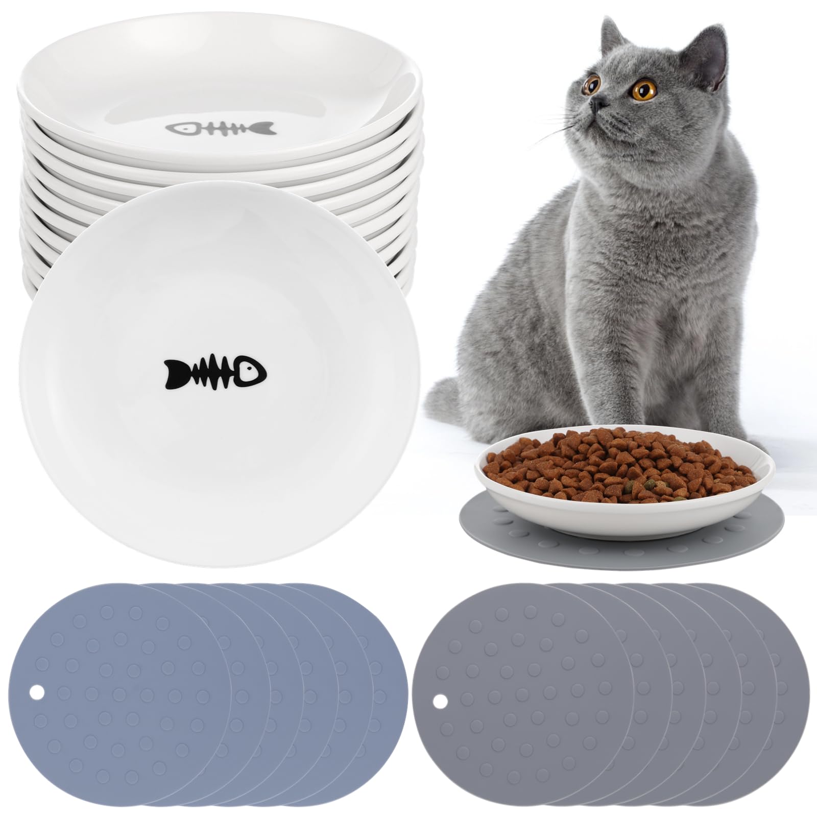 12 Pcs Cat Bowls with 12 Non-slip Mats, Wide & Shallow Cat Plates for Whiskey Fatigue Relief, 15cm/6’' Ceramic Cat Feeding Dishes, Wet & Dry Food Feeding Bowls for Kittens, Cats, Puppies