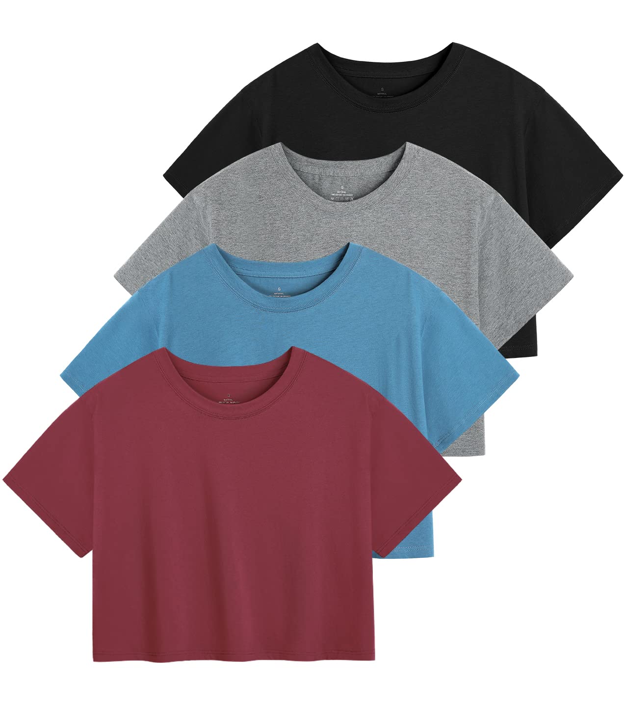 Xelky Womens Crop Casual Tops Tshirt Cotton Loose Workout Short Sleeve Round Neck Tee Yoga Running Shirts 4 Pack