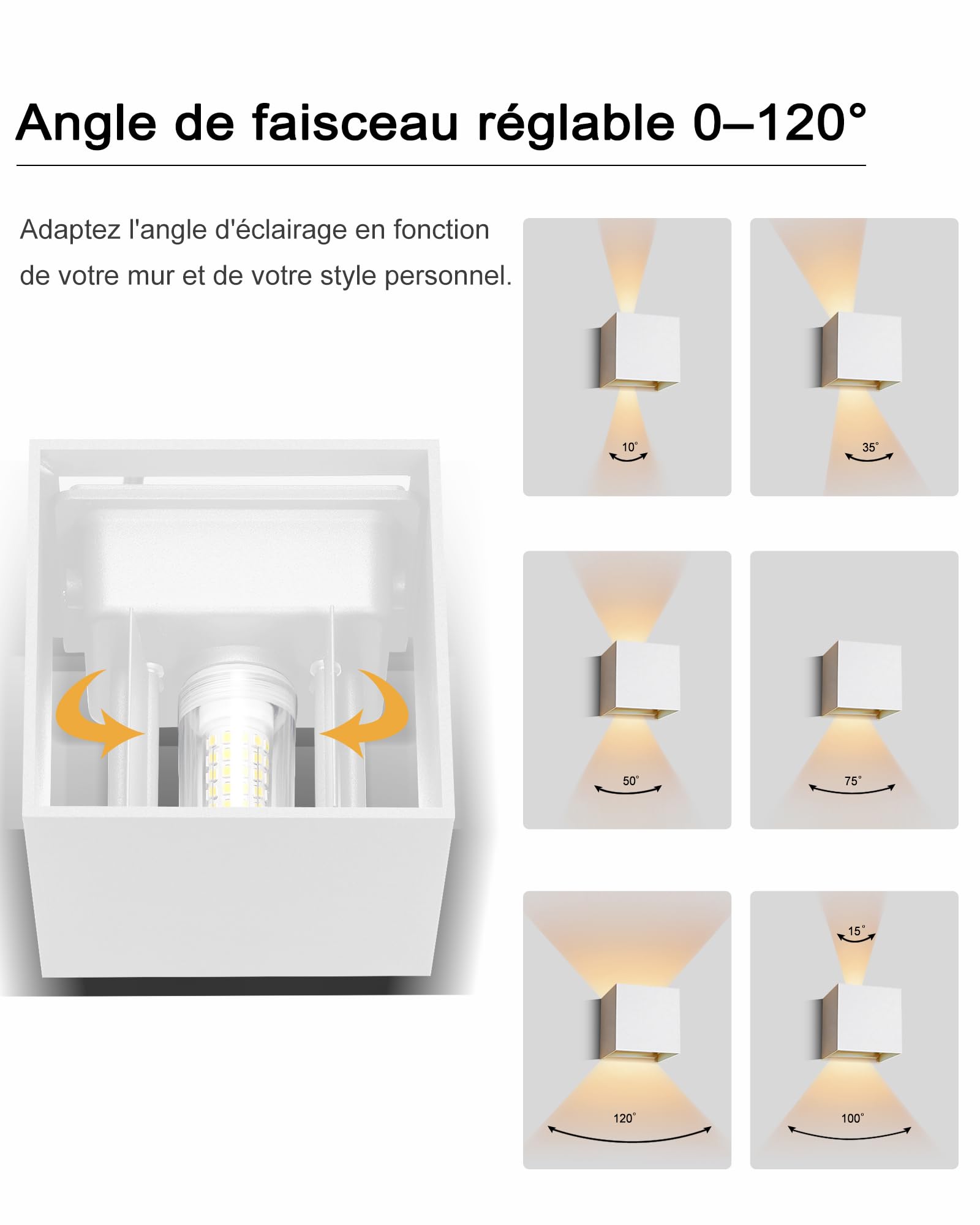 Applique Murale LED Intérieur et Extérieur, Lot de 2, Blanc Chaud 3000K, Ampoule G9 Remplaçable, Étanche IP65, 9W 700 Lumens, Angle de Faisceau Réglable 0-120°, Aluminium, Blanc Sable