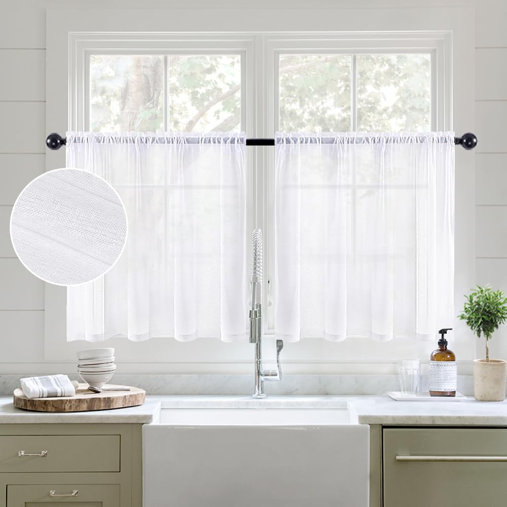MIULEE White Sheer Curtains 24 inch Length Linen Textured Kitchen Window Curtains Over Sink, Rod Pocket Short Small Curtains for Bathroom Cafe Light