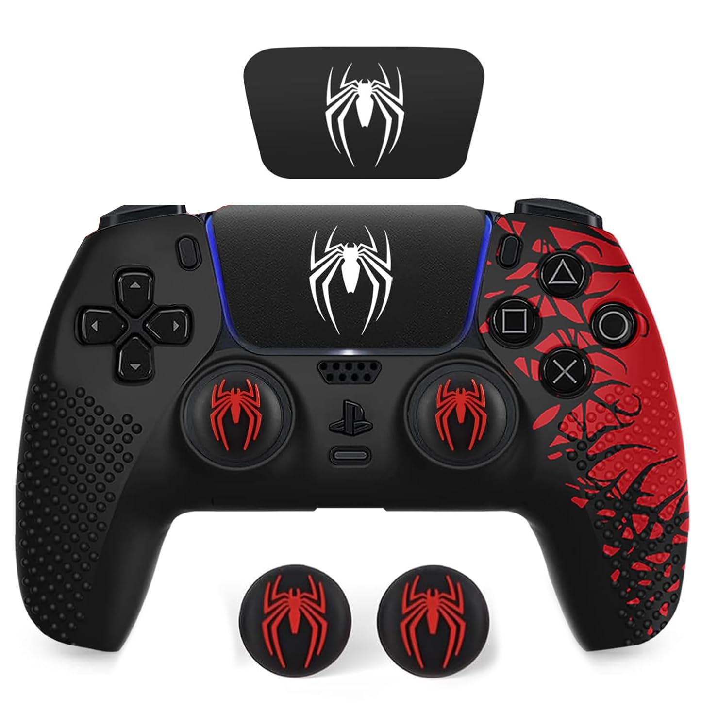 Sounce Anti-Slip Silicone PS5 Controller Skin Cover – Non-Slip Protective Grip Sleeve with Thumb Grip Caps, Touch Pad Sticker & Wrap Cover Stickers for PlayStation 5 (Pack of 1, Spider-Man Theme)