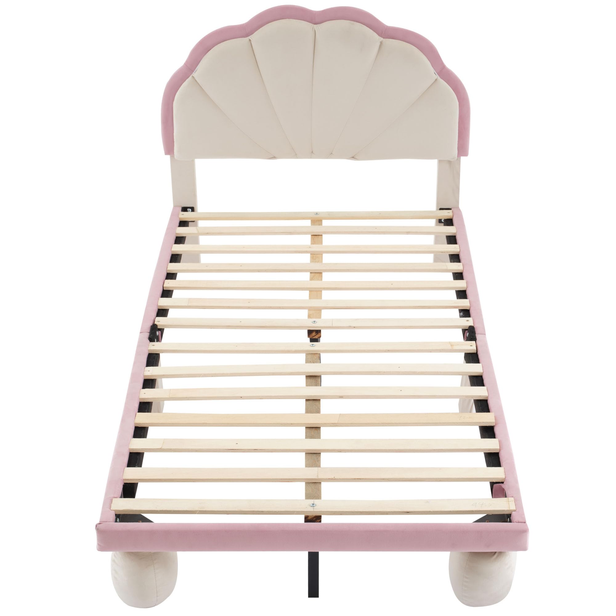 Cama tapizada LED para niños: cama individual de terciopelo en beige y rosa, 90 x 200 cm, con cabecero ondulado, tiras de luz que cambian de color y patas acolchadas, habitación infantil de cuento de