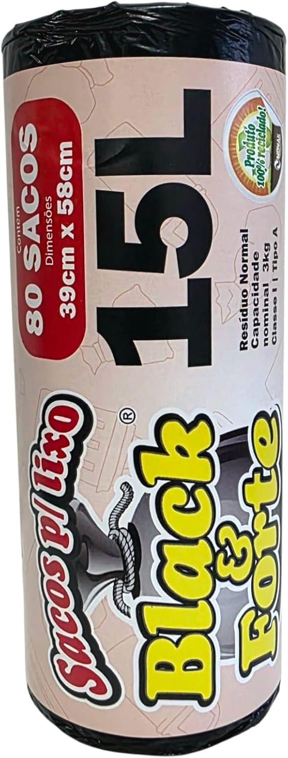 Black & Forte 15 L 100% Recycled Trash Bag, 15.4 x 23 inches, Black, Roll w/ 80 pcs