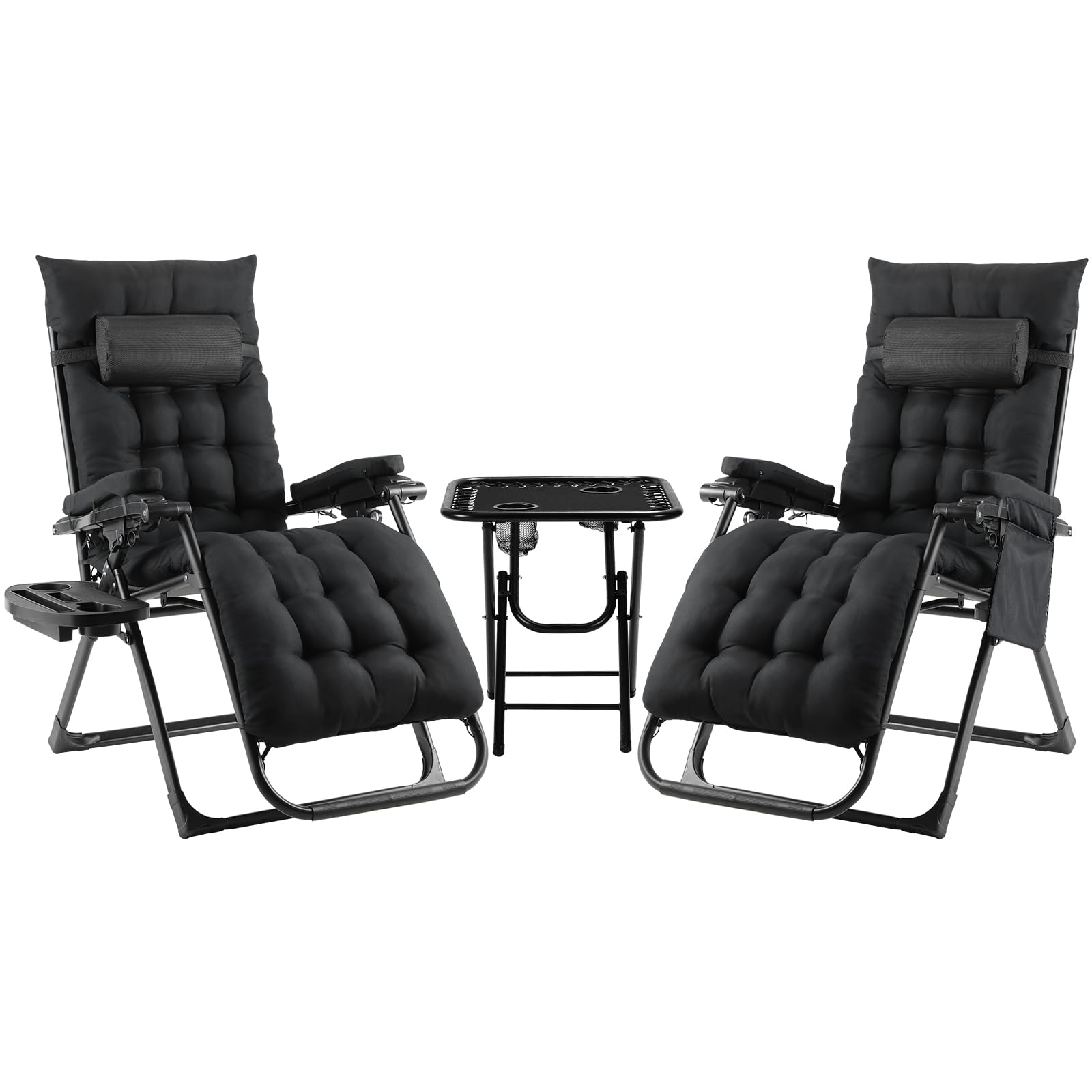 TLGREEN Sonnenliege 3er Set, Gartenliege, Liegestuhl klappbar(2 Liegestühle + Tisch), Abnehmbares Sitzkissen, Verstellbare Rückenlehne, Nackenkissen und Getränkehalter, für Pool Garten Terrasse, 3 PCS