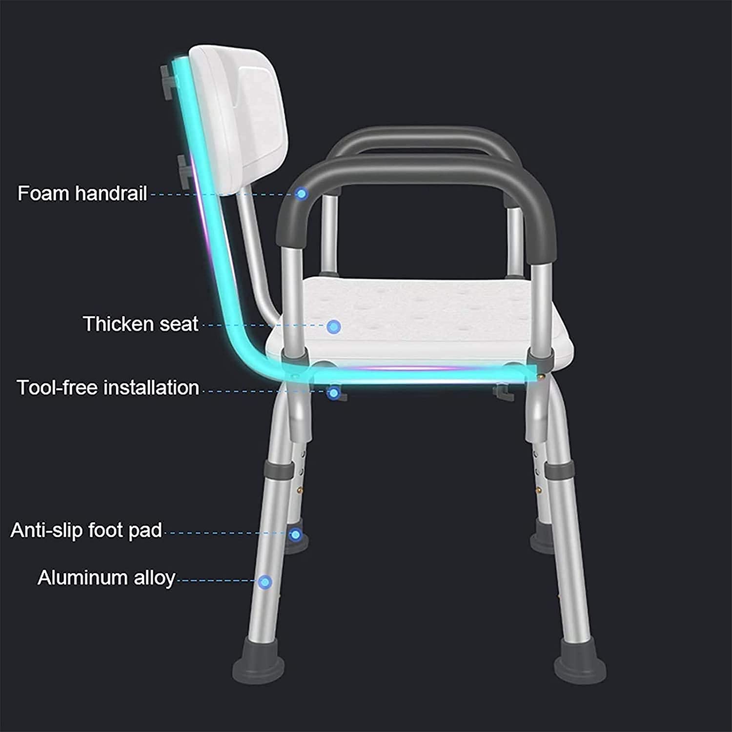 Asiento de Ducha, Silla de Ducha con Brazos y Respaldo, Taburete de Ducha de baño, elevadores de baño de Seguridad Antideslizantes, Peso de Carga de 150 kg, ayudas de Ducha ajustab