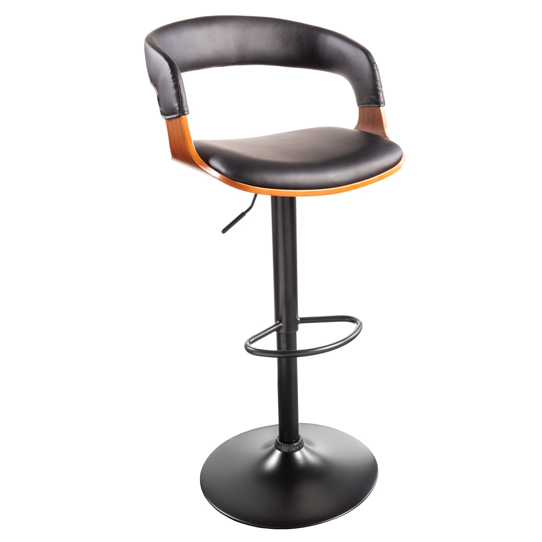 Riess Ambiente Retro Barhocker Manhattan – schwarz, Kunstleder, Walnussholz, Lehne, höhenverstellbar und drehbar