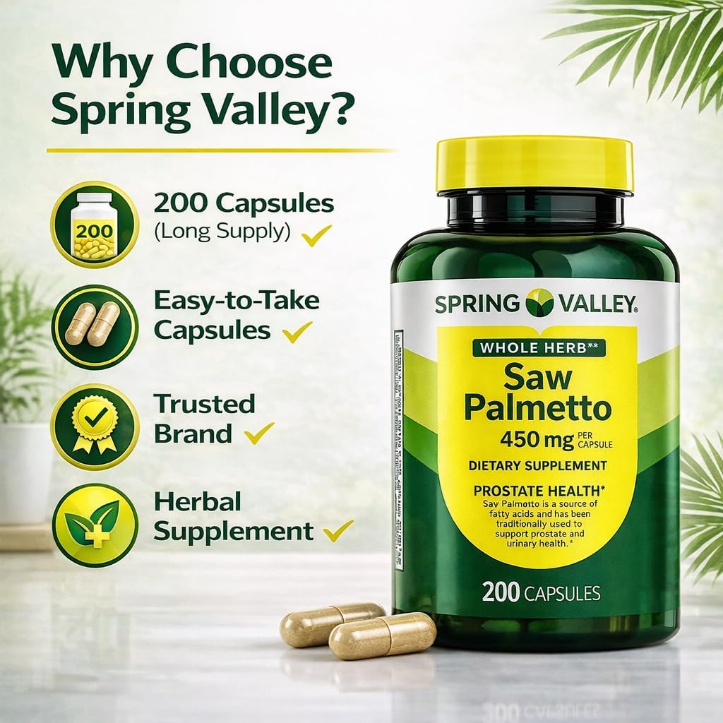 H4U Spring Valley Whole Herb Saw Palmetto 450 mg Capsules, Herbal Supplement for Men’s Health & Urinary Wellness Support, 200 Capsules