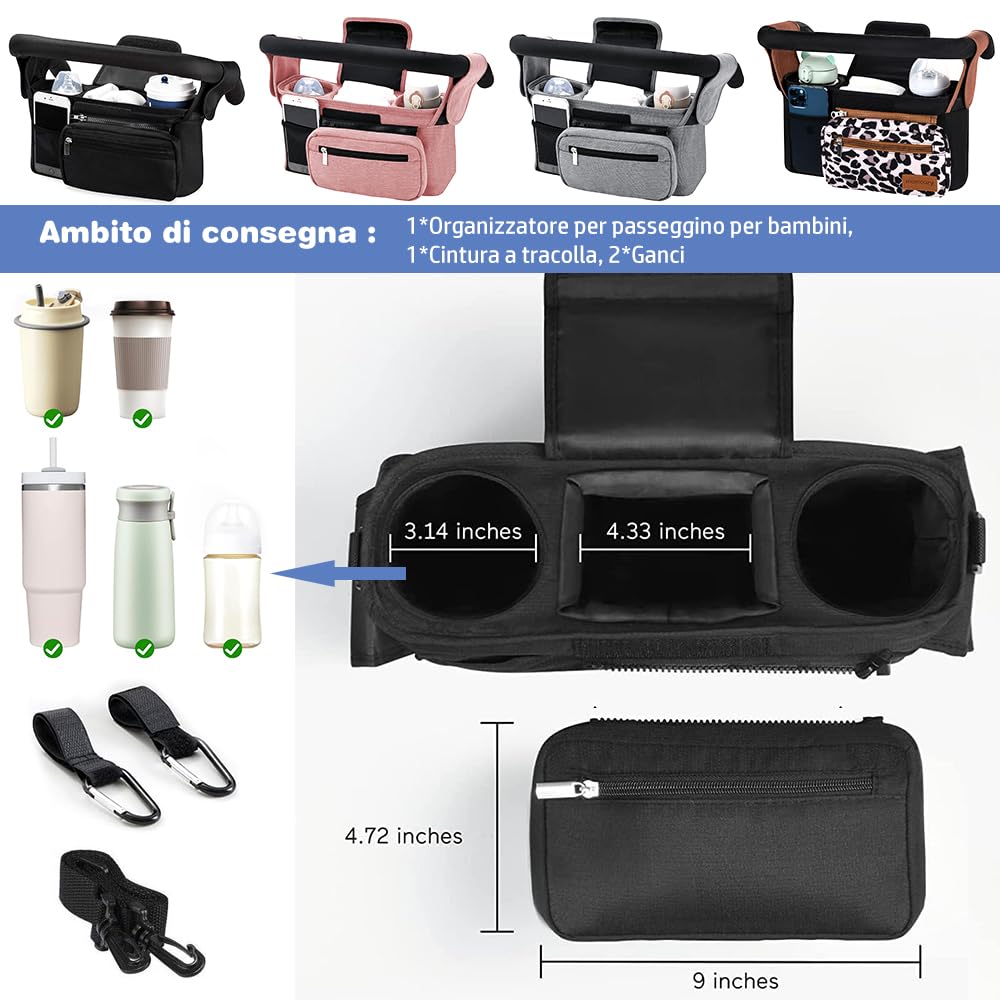 Organiseur de poussette pour bébé avec 2 porte-gobelets, organisateur de poussette avec bandoulière et 2 crochets sécurisés, accessoires de poussette avec poche zippée (noir)