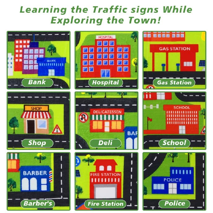 Fashionwu Car Rug Kids Playmat Educational Car Rugs City Life Road Traffic Play Mat for Bedroom Play Room Game Area Non Slip Kids Foam Rug Playtime Activity Mat for Toddler Baby Boys and Girls 3 x 5