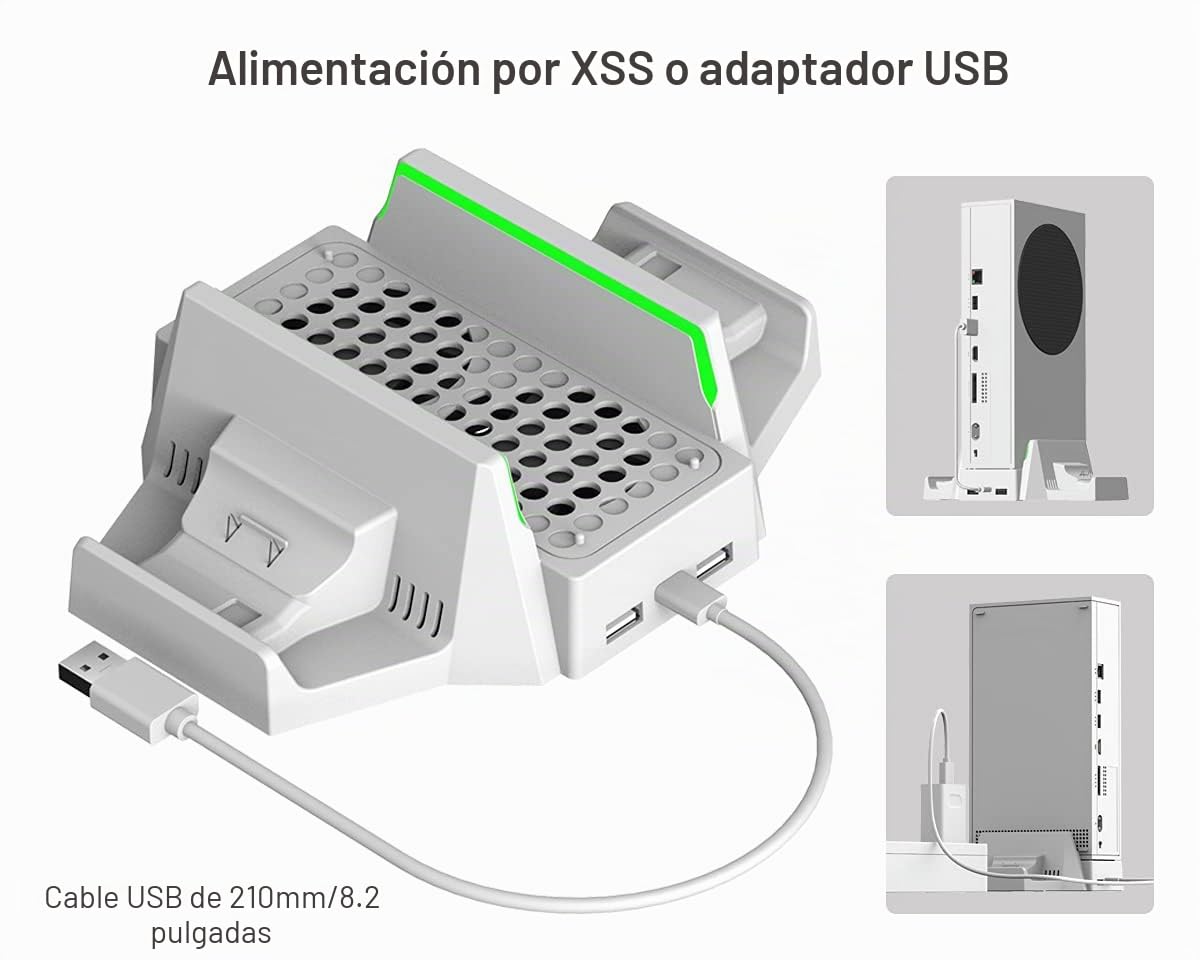 ElecGear Soporte Vertical y Ventilador de Refrigeración para Xbox Series S, 2X Batería Recargable y Base de Cargador Dual para Controlador Xbox, Estación de Carga del Mando con Luces LED y Puerto USB