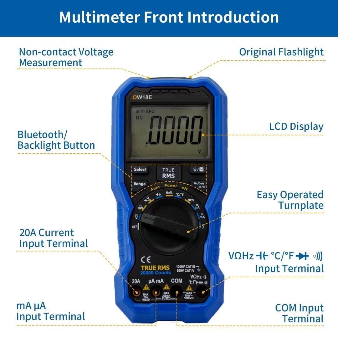 OW18E Digital multimeter,20000 Zählung True-RMS Voltmeter Ohmmeter, Hintergrundbeleuchtung LCD-Display, Bluetooth-Verbindung, für AC/DC Spannung Strom Widerstand Kapazität Diodentemperatur