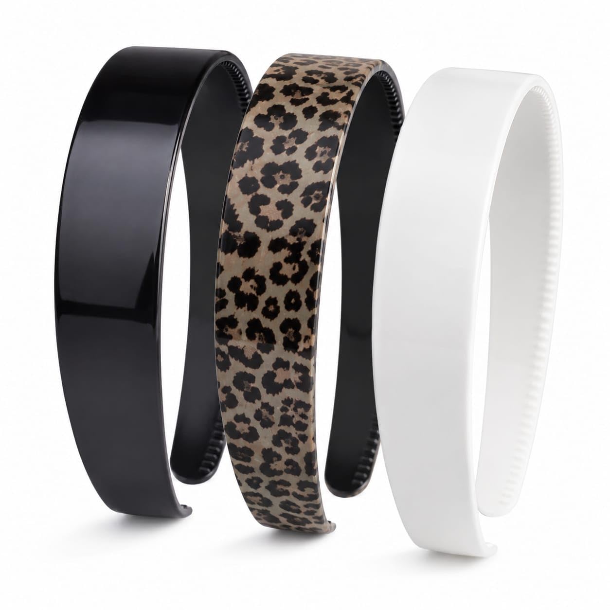Plastic Hair Headband for Women & Girls, Black, White and Leopard Print, Non-Slip Inner Teeth Grip, 3 Pack-image-37