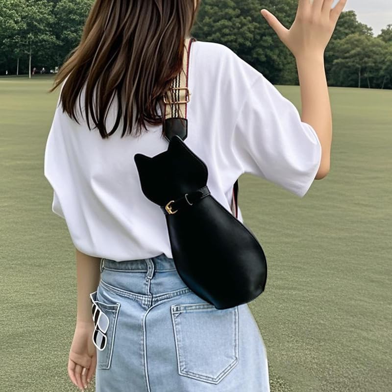 Cat Crossbody Shoulder Bag，Funny Animal wide strap bag- black cute Women's Purse3
