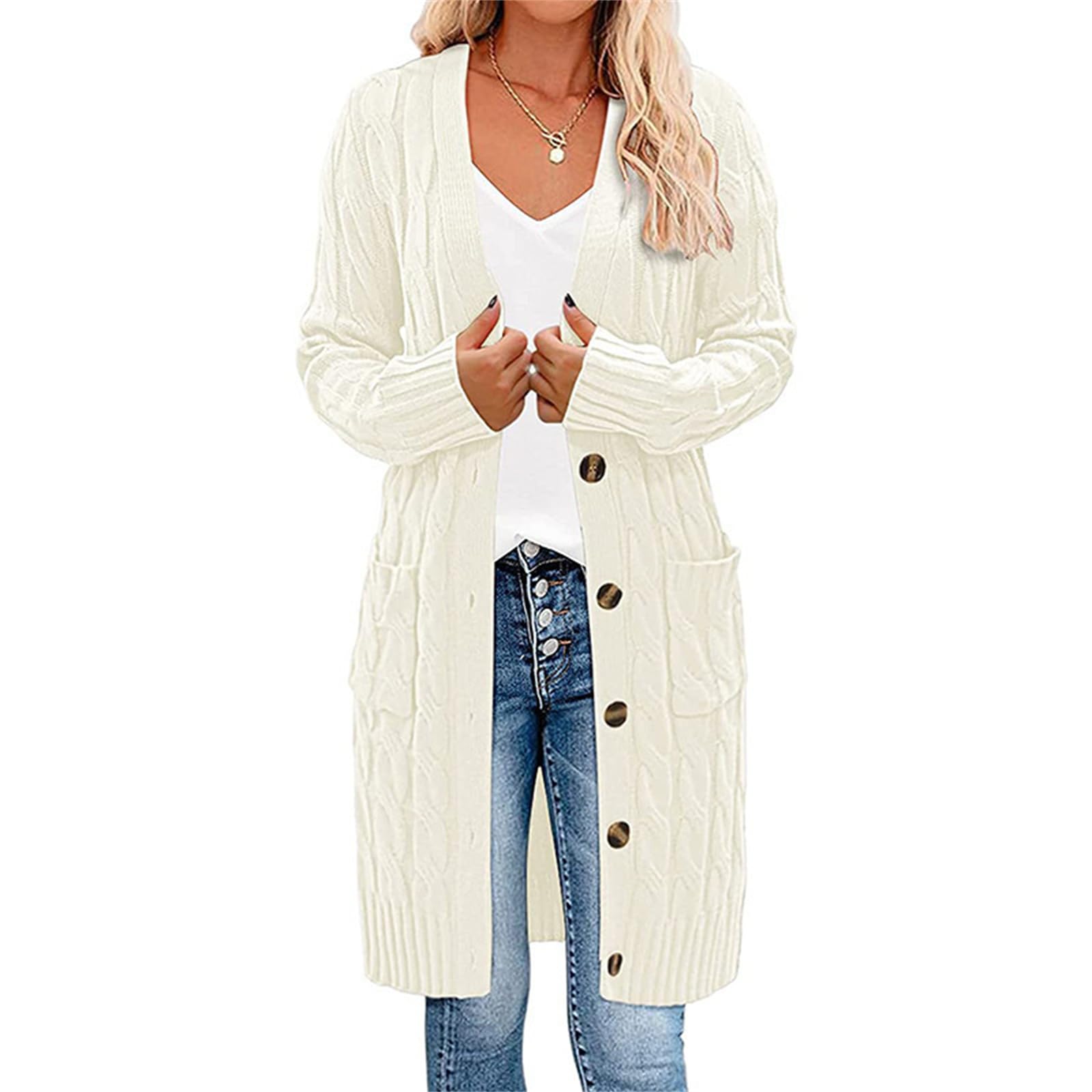 uSecee Knit Long Cardigan New Womens Long Sleeve Cable Knit Long Cardigan Open Front Button Twist Shape Sweater Solid Color Outerwear with Pockets for Fall Winter