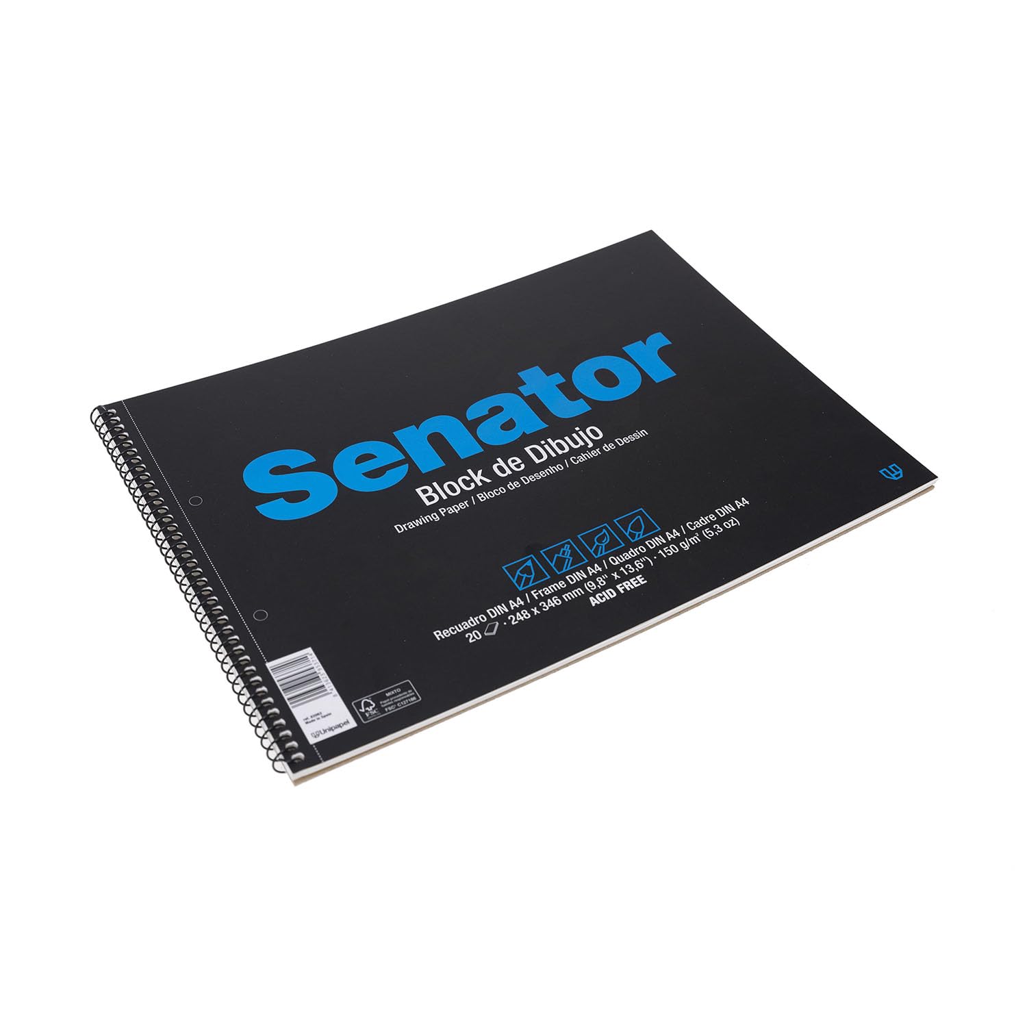 Unipapel 37002410. Bloc de Dibujo Microperforado Senator con Recuadro y 2 Taladros, Tamaño Folio Prologando, 150 Gramos, Papel Ahuesado, Encolado en Masa, ACID FREE, Certificado FSC