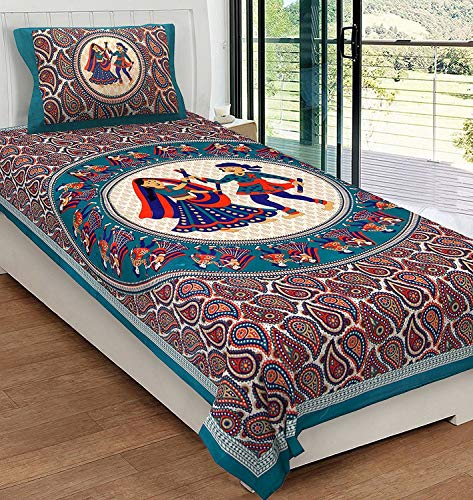 Image of Cotton Bedsheet for Single Bed Cotton 144tc Sanganeri Print Single Bedsheet with 1 Pillow Cover, 144 TC, Multicolour