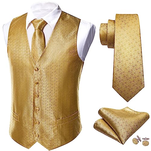 Man Dress Gold Yellow Embroidered Paisley Yellow Formal Slim Waistcoat Tie Suit Sleeveless V Neck Jacket4