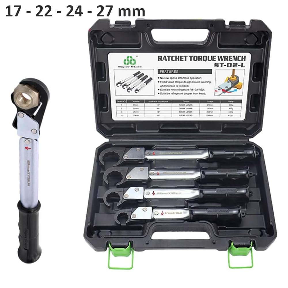 3S SuperSamaStore Set di 4 Chiavi Dinamometriche a Cricchetto con Chiave Apribile da 17, 22, 24 e 27 mm, Kit Chiavi Torsiometriche Pretarate Professionali per Raccordi di Impianti di Climatizzazione